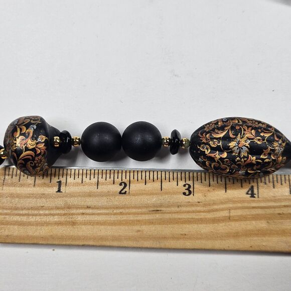 Clay Bead Necklace Matte Black Gold Handpainted Vintage Handmade - Picture 8 of 8